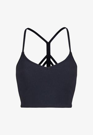 Svart ribbet bralette med trekantet halslinje og kryssede bakstropper. Glatt tekstur, tettsittende design og ingen ekstra dekorasjoner.