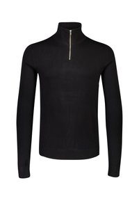 Maglione nero lavorato a maglia con collo alto e zip a un quarto. Presenta maniche lunghe e polsini e orlo a coste. Texture liscia, design minimalista.