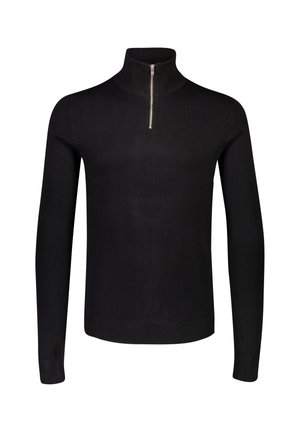 Zwarte gebreide trui met een hoge kraag en een kwartrits. Bevat lange mouwen en geribde manchetten en zoom. Gladde textuur, minimalistisch ontwerp.