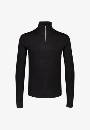 Zwarte gebreide trui met een hoge kraag en een kwartrits. Bevat lange mouwen en geribde manchetten en zoom. Gladde textuur, minimalistisch ontwerp.