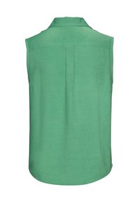 Green sleeveless shirt with a collar, made of lightweight fabric. Features a straight hem and a back pleat for added ease.