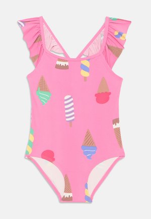 Costume da bagno intero rosa con maniche a volant, con un motivo giocoso di coni gelato e ghiaccioli in vari colori.