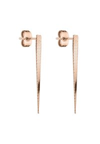 Rozenhouten oorbellen met een gestructureerd, verlengd driehoekig ontwerp. Heeft een veilige postsluiting en een glad, afgerond bovenstuk.