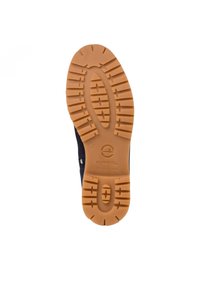Suola della scarpa con un design robusto, caratterizzata da una suola in gomma marrone chiaro e profonde scanalature per una migliore aderenza. Il colore appare blu scuro sul bordo superiore.