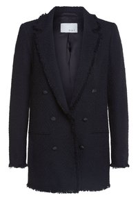 Blazer noir en tissu texturé, avec un design croisé, des revers crantés, des bords effilochés et deux poches avant.