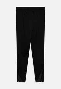 Pantalon de sport noir avec une taille élastique, design fuselé et zippers sur les côtés aux chevilles. Tissu lisse et léger.