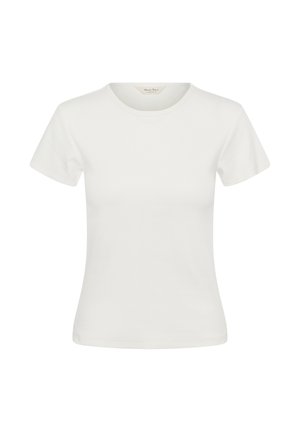 T-shirt blanc à manches courtes, ajusté, col rond, avec une petite étiquette de marque à l'intérieur du col.