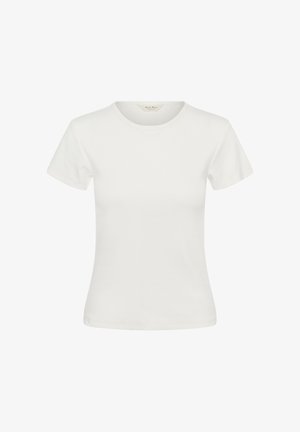 T-shirt blanc à manches courtes, ajusté, col rond, avec une petite étiquette de marque à l'intérieur du col.