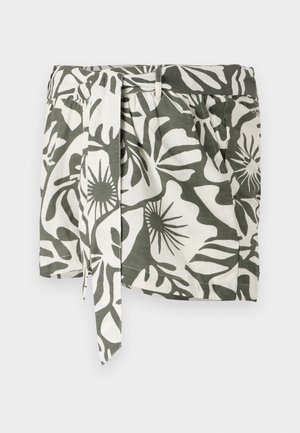 Grüne und weiße, blumenmusterierte Wickelrock mit gebundenem Gürtel, aus leichtem Stoff, mit entspannter Passform und seitlichen Falten.