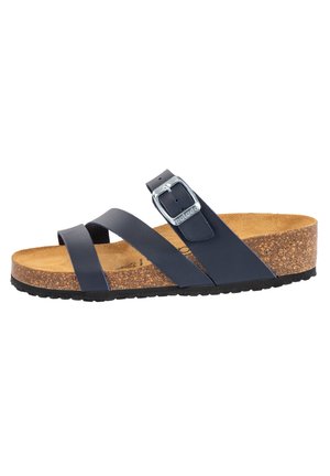 Navy blue sandals with crossed straps, a silver buckle, and a cork footbed. Textured rubber sole for grip.