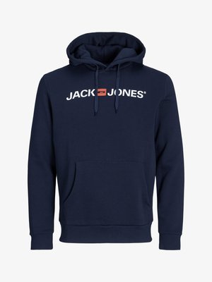Navy blue hoodie made of cotton blend, featuring a front kangaroo pocket, drawstrings, and white text "JACK & JONES" on the chest.