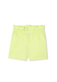 Lichtgele shorts van een textuurstof, met een elastische tailleband en een enkele knoopsluiting. Voorzien van zijzakken en een eenvoudig design.