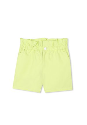 Helle gelbe Shorts aus strukturiertem Stoff, mit elastischem Bund und einem einzelnen Knopfverschluss. Verfügt über seitliche Taschen und ein schlichtes Design.