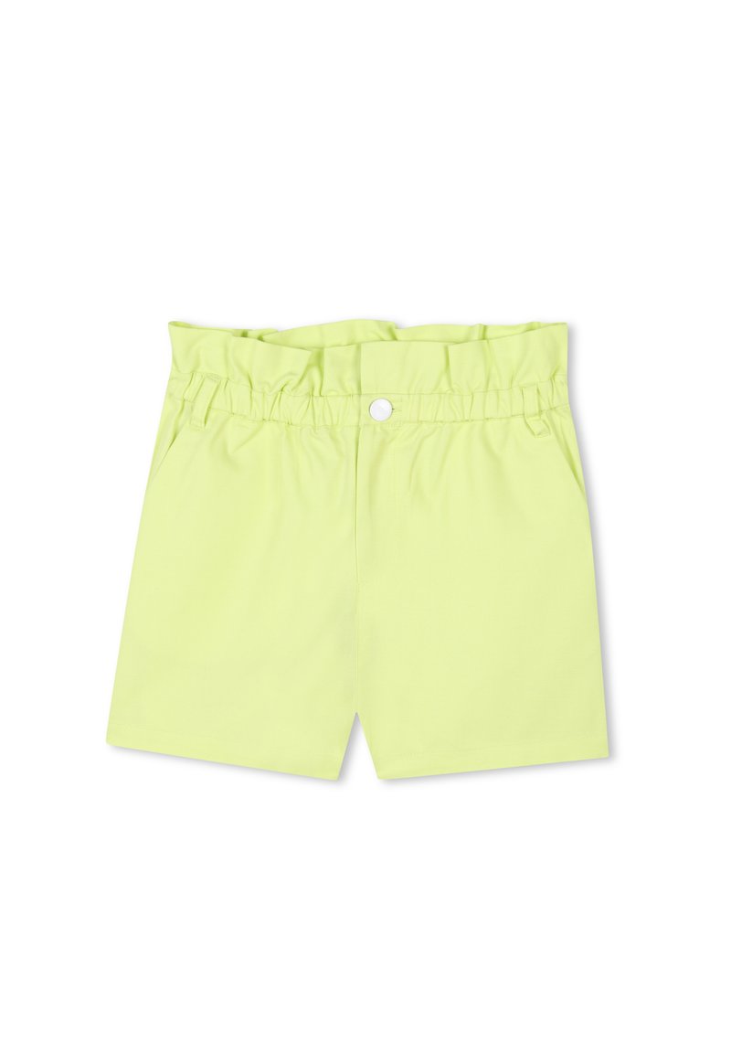 Lichtgele shorts van een textuurstof, met een elastische tailleband en een enkele knoopsluiting. Voorzien van zijzakken en een eenvoudig design.