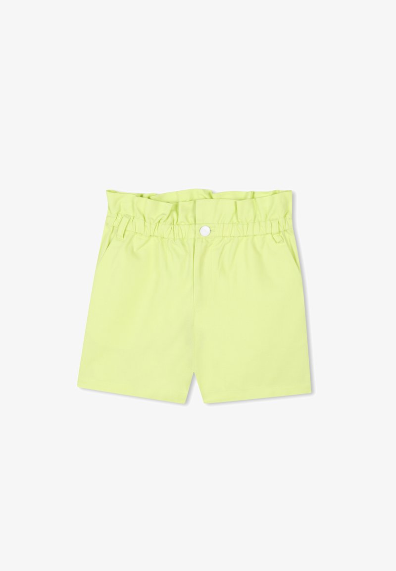 Lichtgele shorts van een textuurstof, met een elastische tailleband en een enkele knoopsluiting. Voorzien van zijzakken en een eenvoudig design.