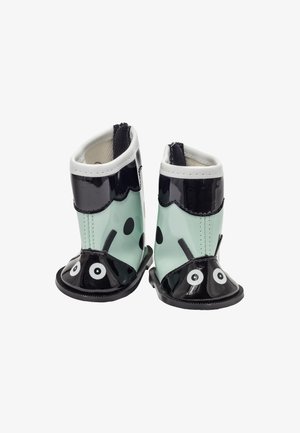 Regenlaarzen voor peuters ontworpen als lieveheersbeestjes met zwart, wit en lichtgroene kleuren en glimlachende gezichten op de tenen.