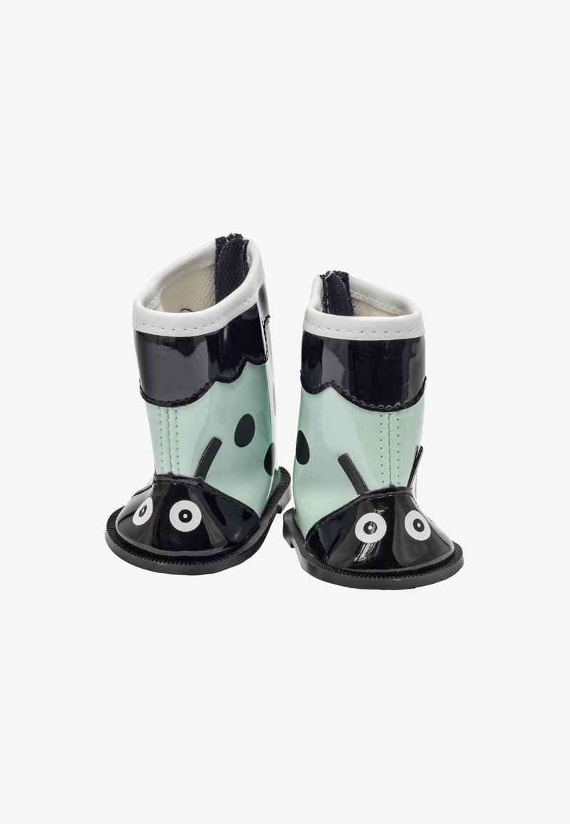 Bottes de pluie pour tout-petits conçues comme des coccinelles avec des couleurs noir, blanc et vert clair et des visages souriants sur les orteils.