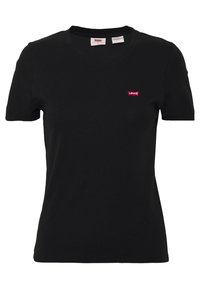 T-shirt in cotone nero con maniche corte, scollatura rotonda e un piccolo logo rosso Levi's sul petto. Texture liscia, vestibilità classica, senza motivi.
