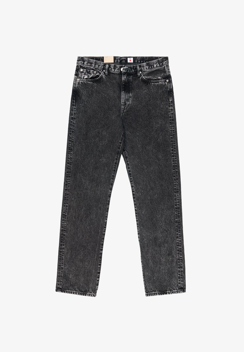 Jeans in denim nero con lavaggio sbiadito, design a gamba dritta, cinque tasche e dettagli di cuciture visibili. Chiusura frontale con bottone e zip.