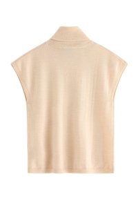 Beige bezrukávov�ý pletený top s vysokým rolákem, rovný lem a volný střih, zobrazený ze zadní strany.