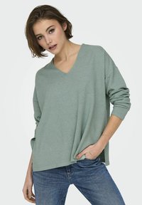 Lichtgroene v-halstrui met lange mouwen, een relaxte pasvorm en een zachte textuur, gecombineerd met blauwe jeans, wat een casual stijl uitstraalt.