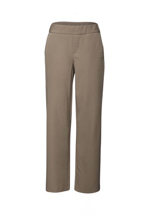 Brown, elastic-waist pants made of soft, smooth fabric. Straight leg design with no visible pockets or patterns.