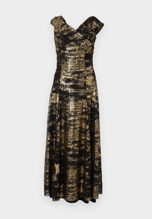 Μάξι φόρεμα σε μαύρο χρώμα με χρυσό αφηρημένο μοτίβο. Διαθέτει σχέδιο χωρίς ώμους και ρέουσα σιλουέτα. Κατασκευασμένο από υφάσματα με υφή.
