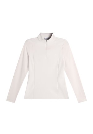 Weißer Pullover mit langen Ärmeln und einem Viertel-Reißverschluss sowie einem kleinen Logo auf der linken Brust, ausgestattet mit einem Stehkragen und taillierten Nähten.