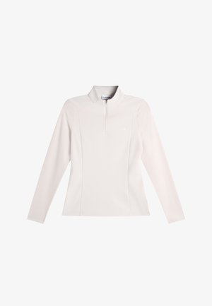 Witte pullover met lange mouwen, een kwart rits en een klein logo op de linkerborst, voorzien van een opstaande kraag en getailleerde naden.