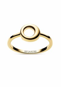 Guldring med en rund ihålig bezel, slät ring med graverad "SIF JAKOBS" på vit bakgrund.
