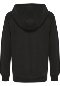 Felpa con cappuccio nera con una texture morbida. Presenta un cappuccio curvo, maniche lunghe e un'orlo aderente in vita. Design semplice e monocolore.
