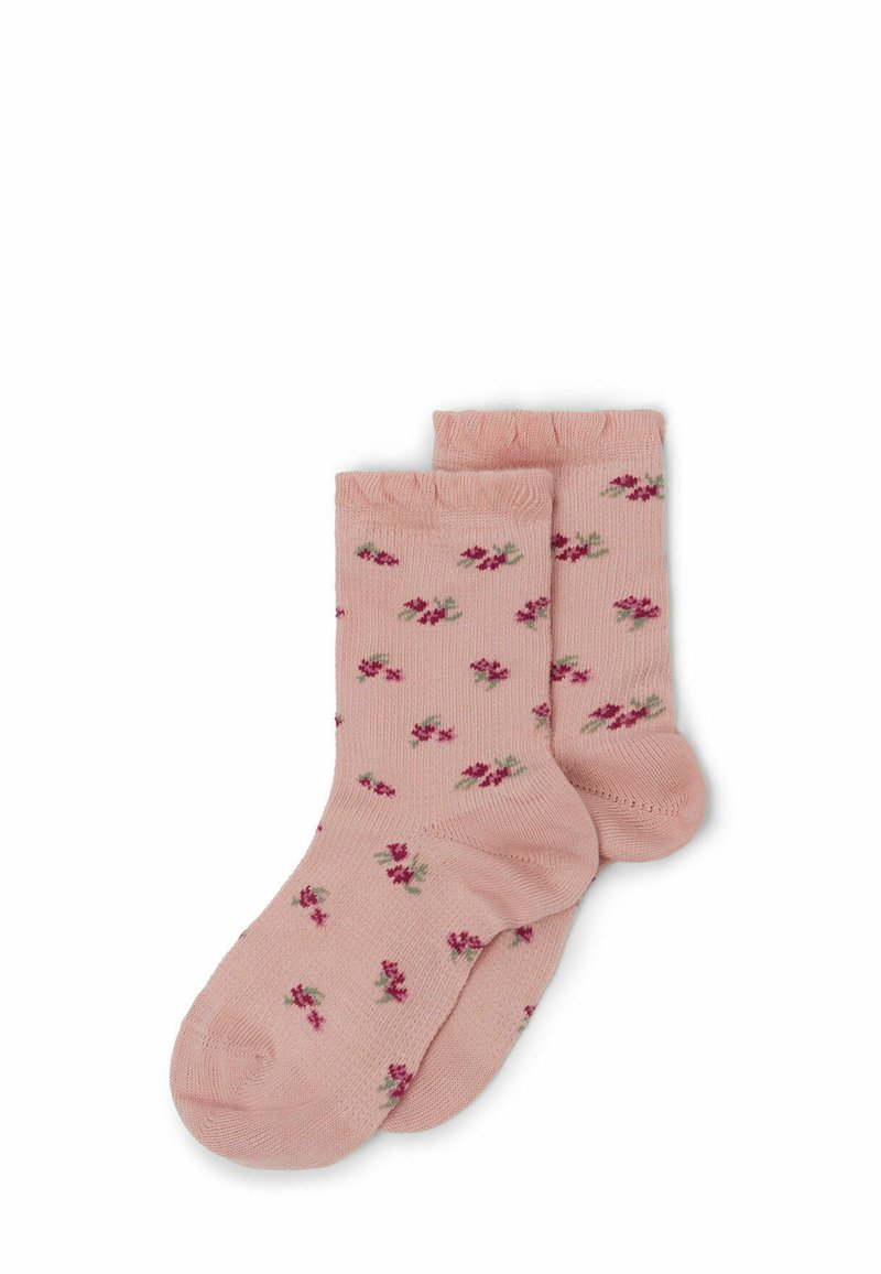 Calzini di cotone rosa con un motivo floreale che presenta piccoli fiori rossi e verdi. Orlo a coste, altezza media, texture morbida.
