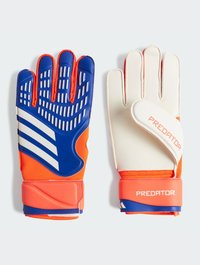 Torwarthandschuhe in einer Farbgestaltung aus Orange, Blau und Weiß. Texturierte Grifffläche, gepolsterte Handgelenkabschlüsse und auffälliges Markenlogo.
