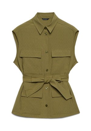 Sleeveless olive green belted utility shirt with four flap pockets and button-down front.