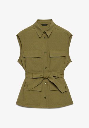 Sleeveless olive green belted utility shirt with four flap pockets and button-down front.