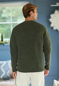 Pull en laine vert avec une coupe décontractée, un col rond et des poignets côtelés. Texture douce, finition texturée, porté avec un pantalon de couleur claire.