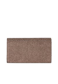 Bolsito de mano con purpurina bronce, de forma rectangular, con textura suave y solapa plegable. Presenta un diseño limpio sin acentos metálicos.