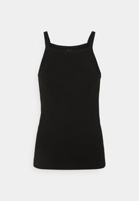 Débardeur noir sans manches au design ajusté, fabriqué en tissu lisse. Il présente des bretelles fines et un décolleté arrondi.