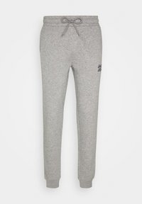 Grey sweatpants made from soft, fleece material. Features elastic waistband with drawstring, cuffed ankles, and a logo at the hip.