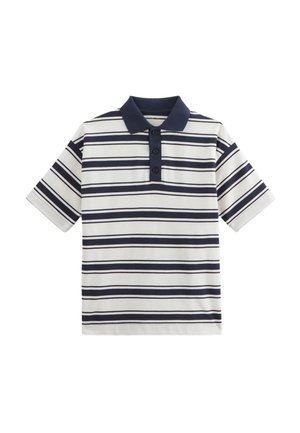 Polo à manches courtes blanc avec des rayures horizontales bleu marine. Doté d'un col bleu marine uni et d'une patte de boutonnage à trois boutons. Fabriqué en tissu doux.