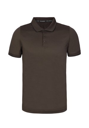 Bruine polo met een klassieke kraag, korte mouwen, een placket met drie knopen en subtiele logo-details. Glad stof en contrasterende afwerking.