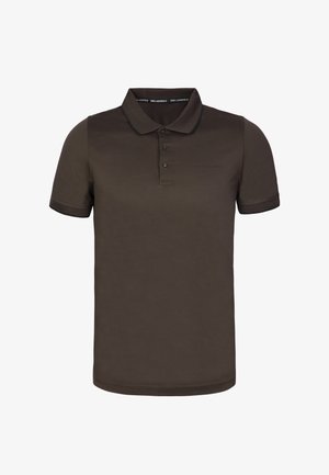 Bruine polo met een klassieke kraag, korte mouwen, een placket met drie knopen en subtiele logo-details. Glad stof en contrasterende afwerking.