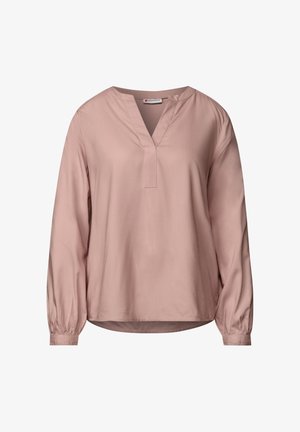 Benzinfarbene Bluse mit V-Ausschnitt, langen Puffärmeln, glattem Stoff, lockerer Passform und einem dezenten Glanz.