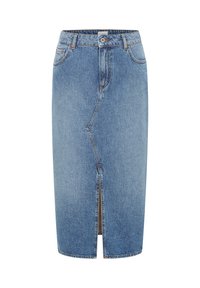Denimkjol med blå tvätt, medellång design, framfickdetalj och traditionell femfickestil med bältesömmar och knappstängning.