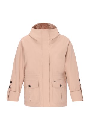 Lichtroze regenjack met een hoge kraag, lange mouwen, twee steekzakken aan de voorkant en knoopaccenten op de mouwen. Glad, waterafstotend materiaal.