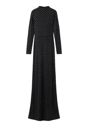 Abito maxi nero a maniche lunghe con corpetto aderente, caratterizzato da pois bianchi e un collo alto. Tessuto liscio con una silhouette fluttuante.