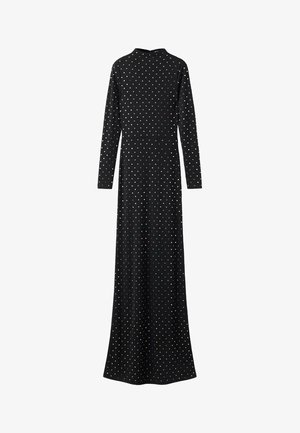 Langærmet, sort maxikjole med en tætsiddende overdel, prydet med hvide prikker og en høj halsudskæring. Glat stof med en flydende silhuet.