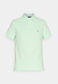 Světle zelené polo tričko s krátkým rukávem, dvoupoložkovým zapínáním a malým vícebarevným logem Tommy Hilfiger na levé části hrudi.