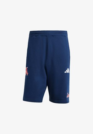 Navy blue athletic shorts made of soft fabric with an elastic waistband, featuring a red logo on the left leg and white Adidas stripes.