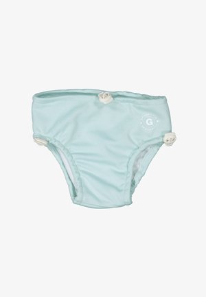 Lys mintgrøn svømmediaper lavet af struktureret stof, med hvide trykknapper og et cirkulært logo på siden.